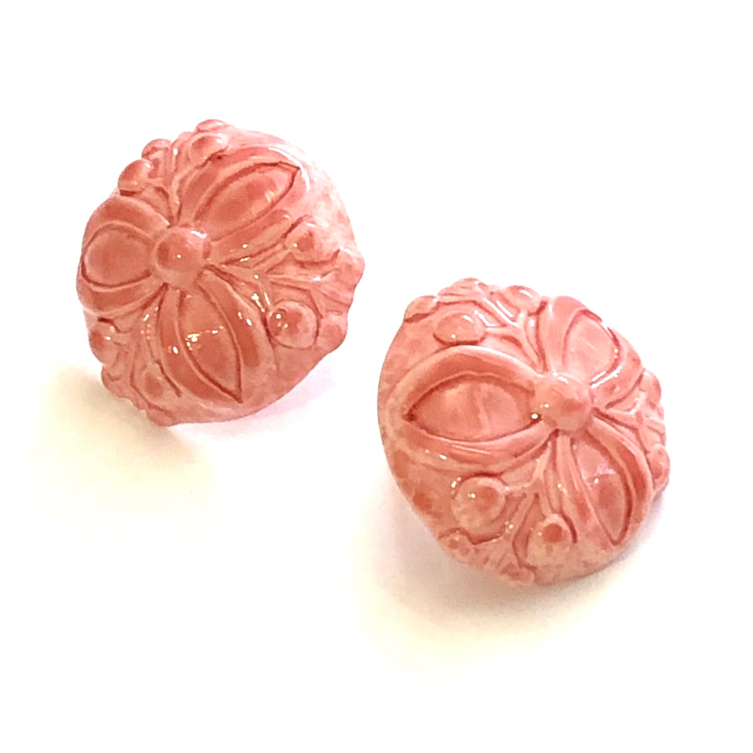 Rose Pink Carved Glazed Retro Button Stud Earrings