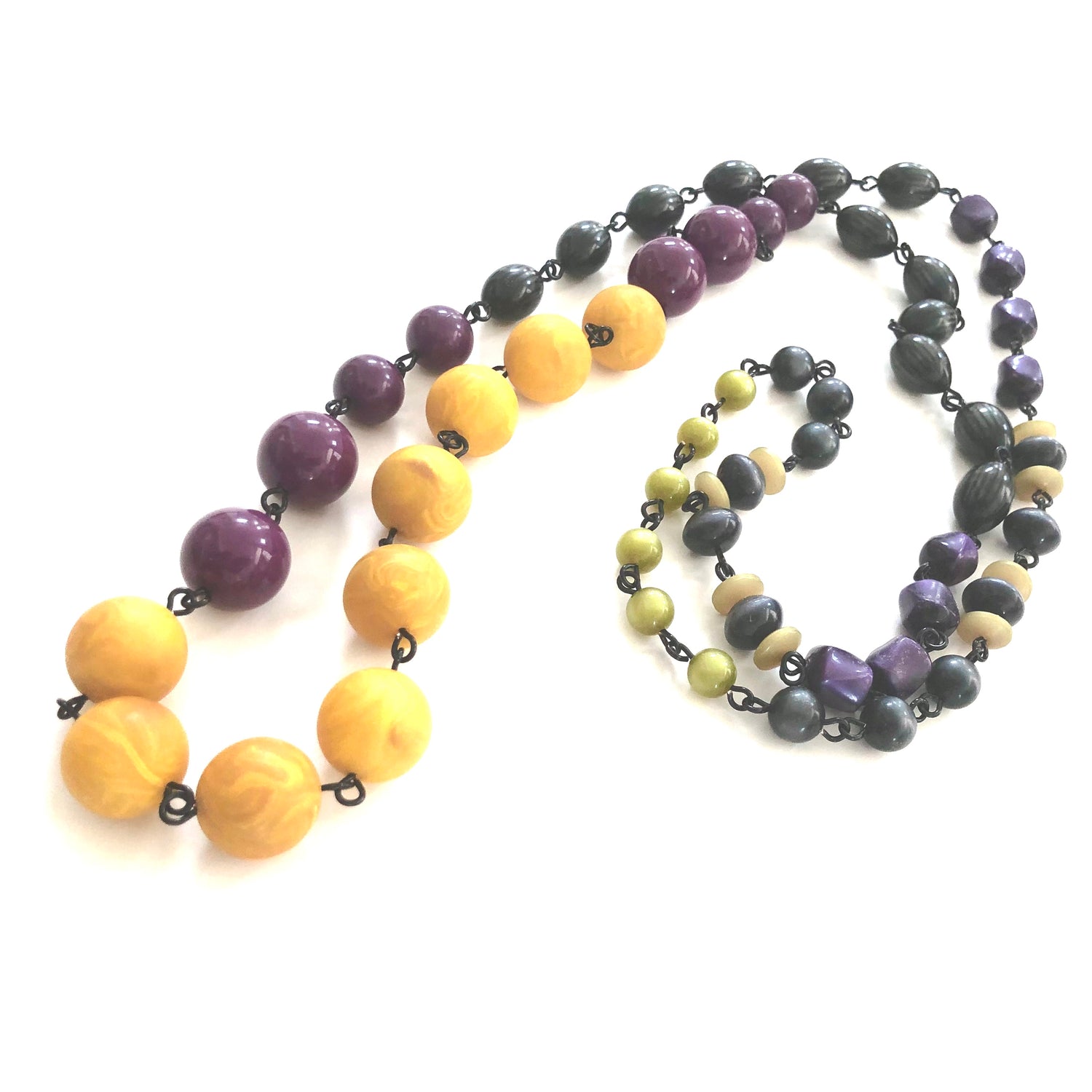 Mustard Yellow &amp; Purple Grey Moonglow Rosary Chain Rope Necklace