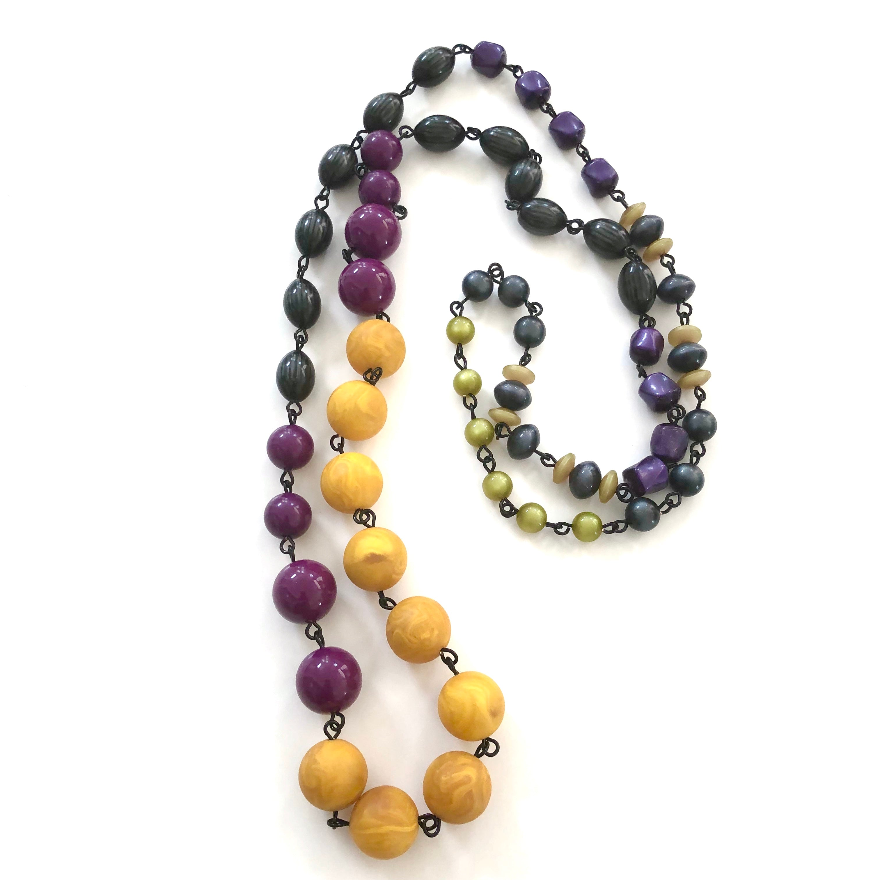 Mustard Yellow &amp; Purple Grey Moonglow Rosary Chain Rope Necklace