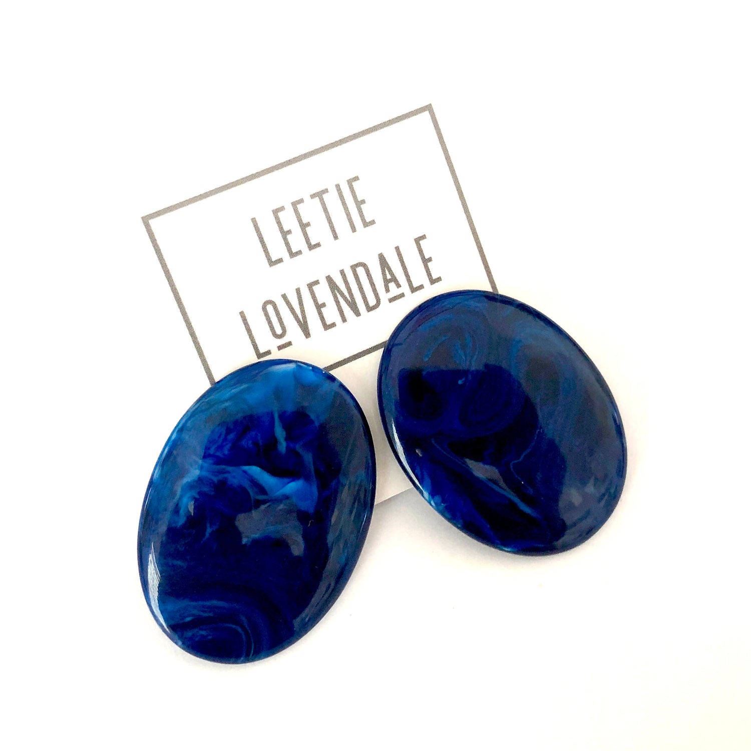 Navy Blue &amp; Sapphire Marbled Oval Button Stud Earrings