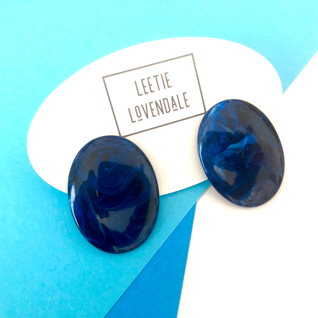 Navy Blue &amp; Sapphire Marbled Oval Button Stud Earrings