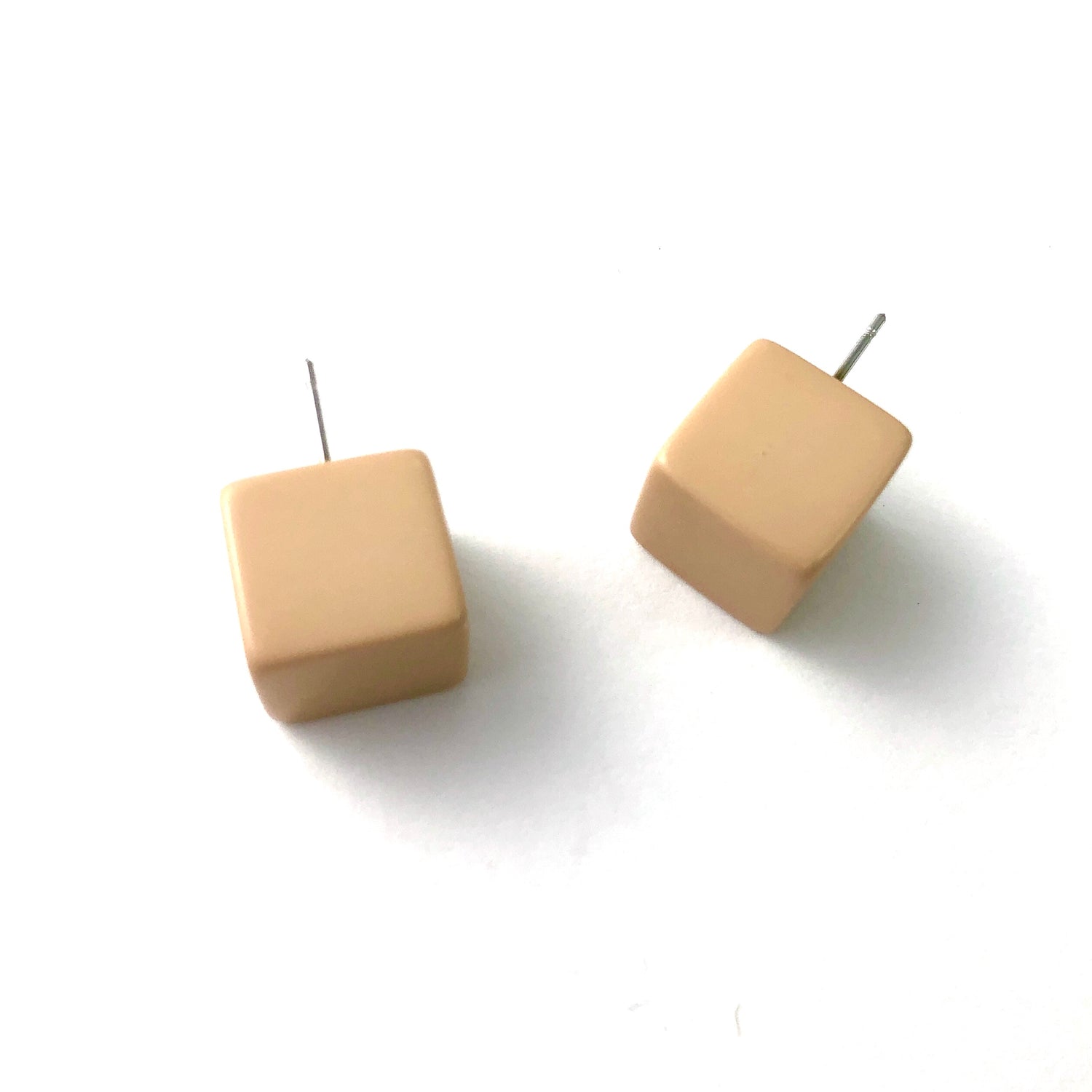 Khaki Beige Jumbo Cube Stud Earrings