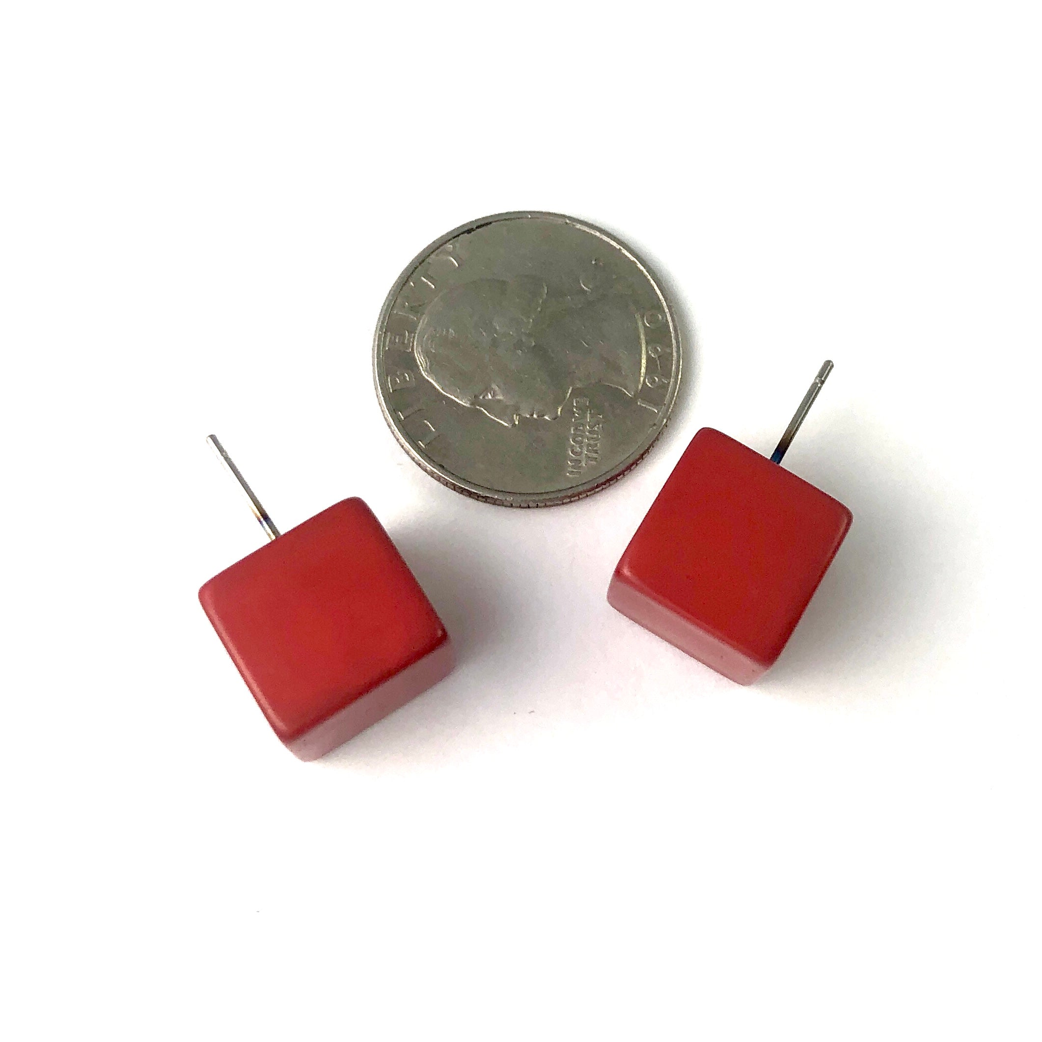 Brick Red Lucite Jumbo Cube Stud Earrings