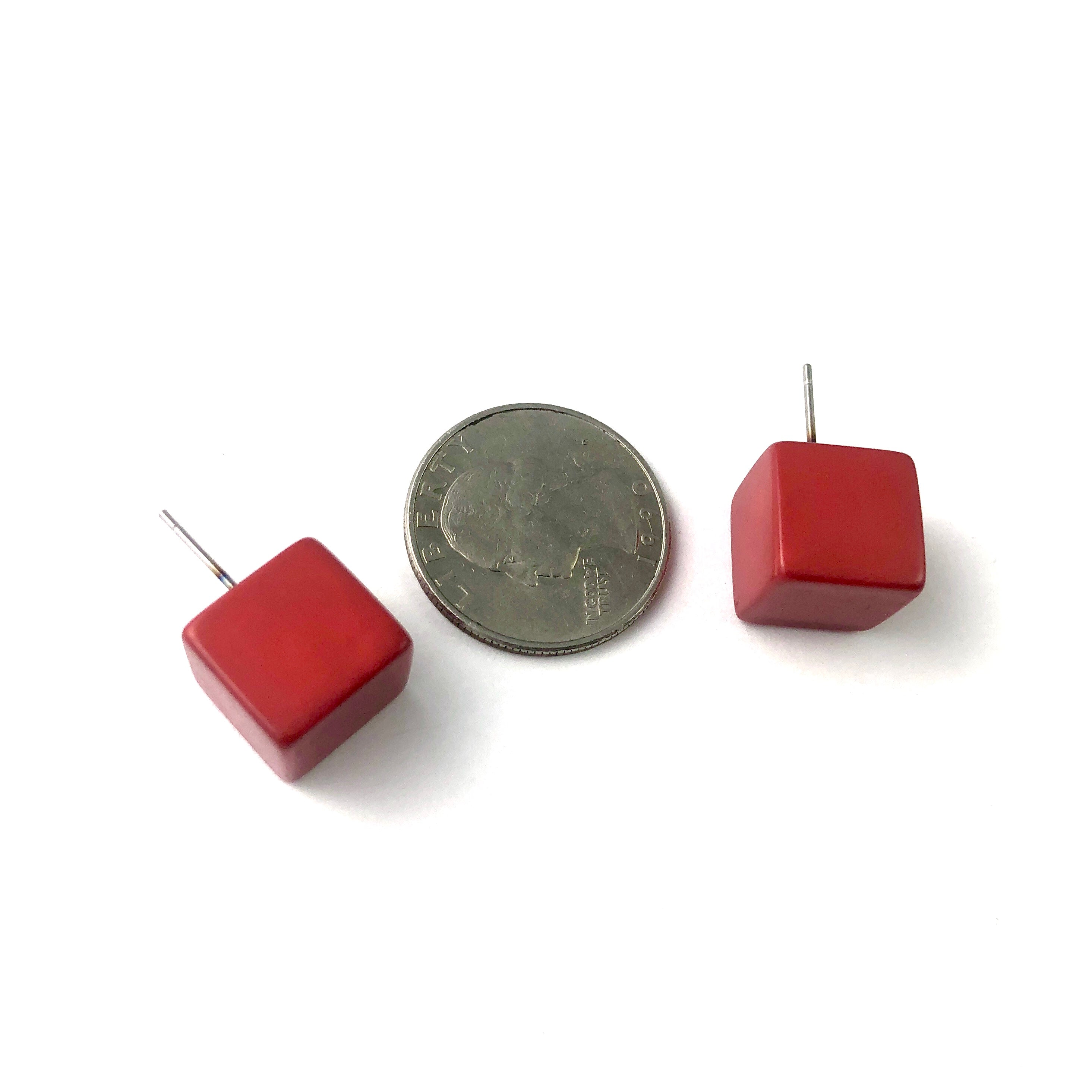 Brick Red Lucite Jumbo Cube Stud Earrings