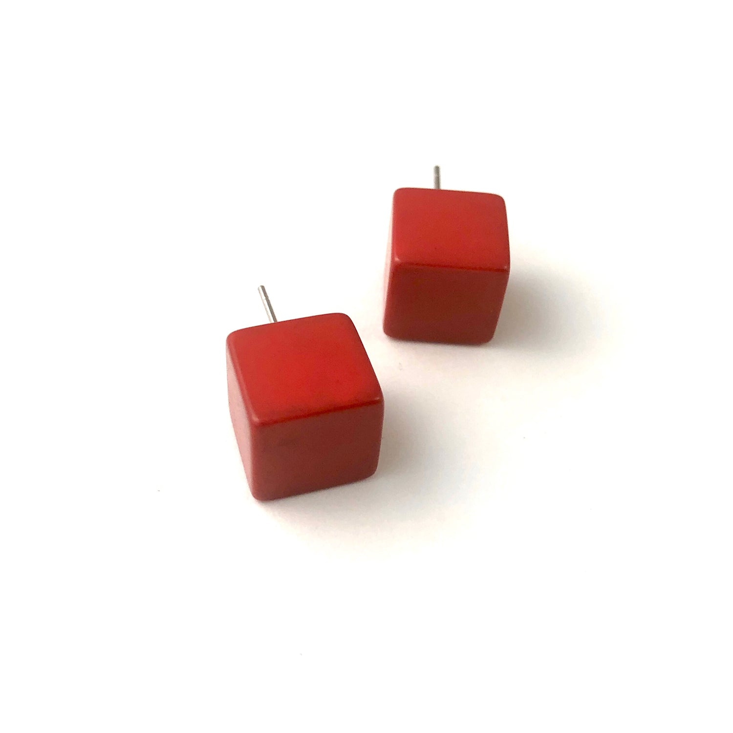 Brick Red Lucite Jumbo Cube Stud Earrings