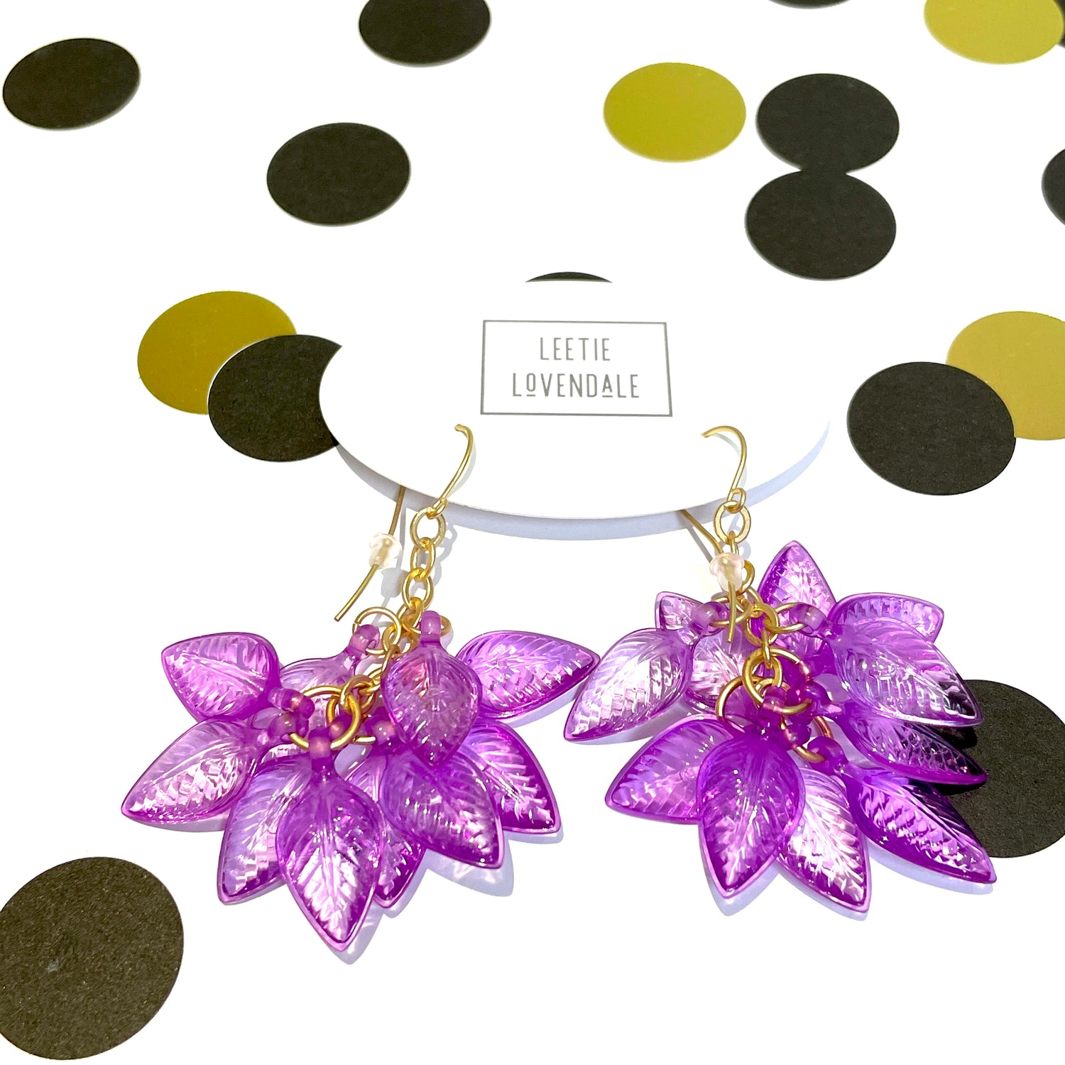 purple lucite leaf cluster earrings