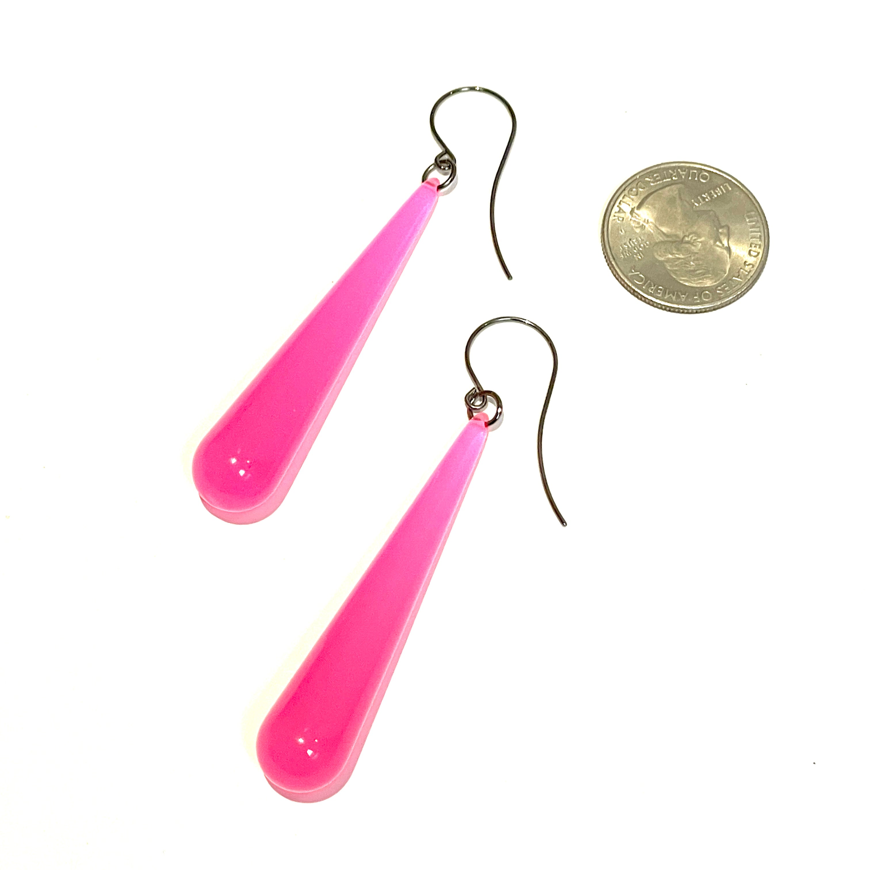 Neon Pink Opal Long Teardrop lucite statement earrings