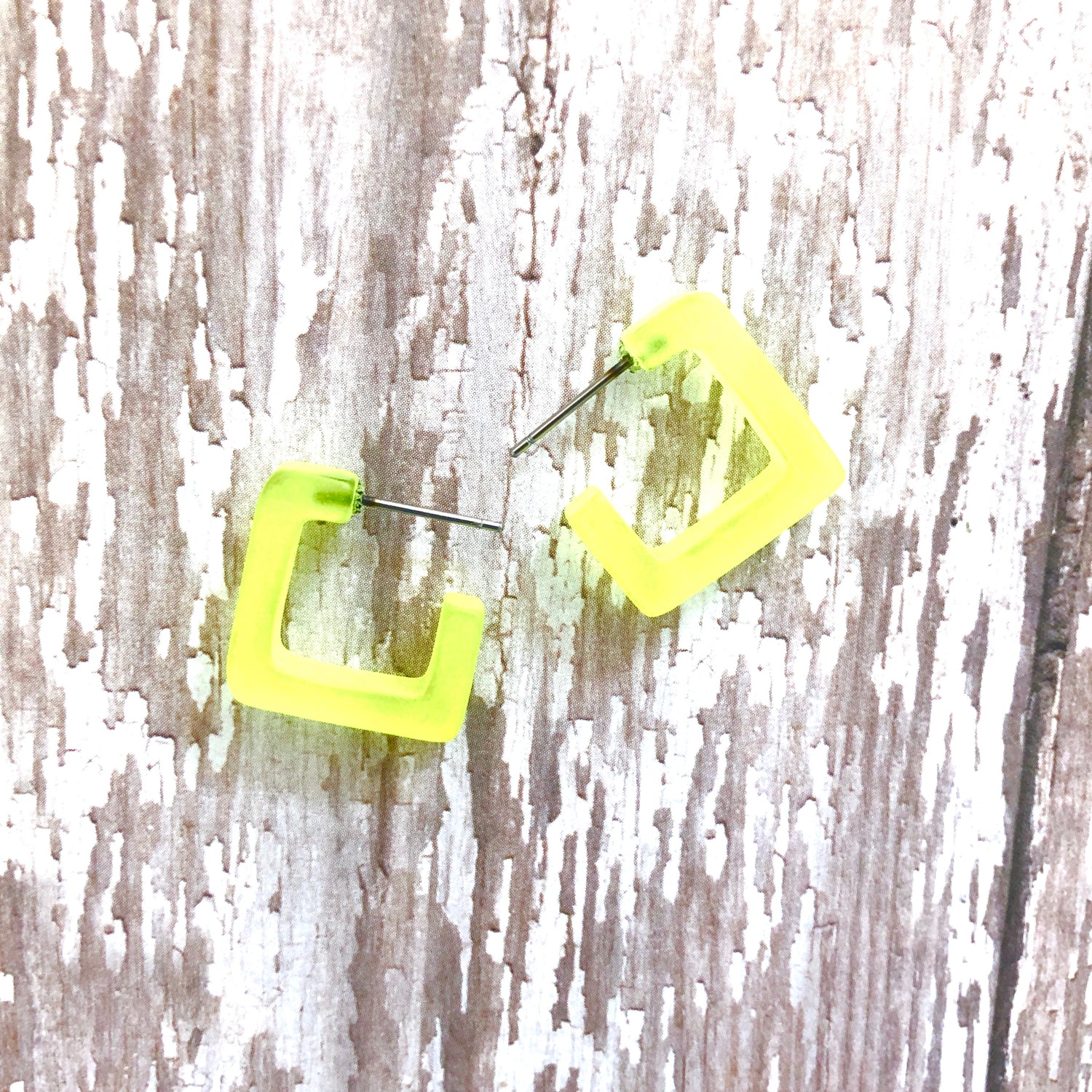 Neon Yellow Frosted Small Square Hoop Earrings