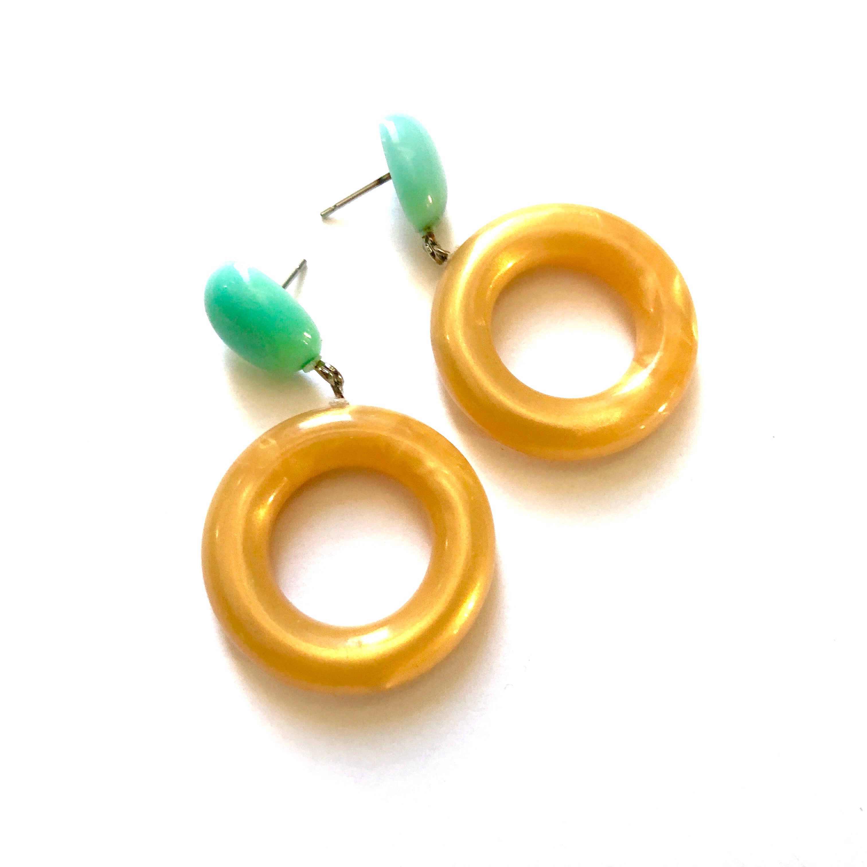 Teal &amp; Mustard Marbled Donut Drop Earrings