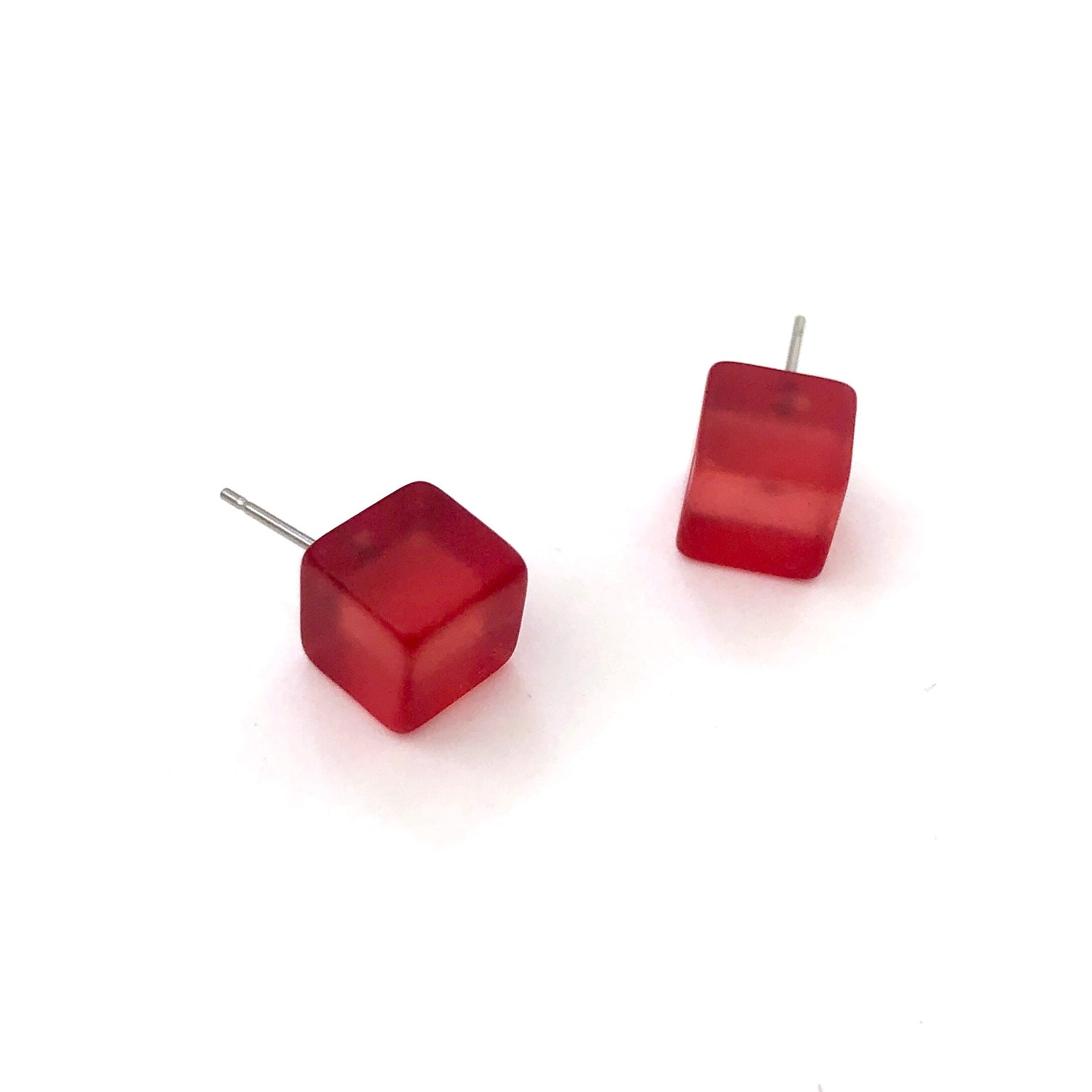 Ruby Red Frosted Midi Cube Stud Earrings
