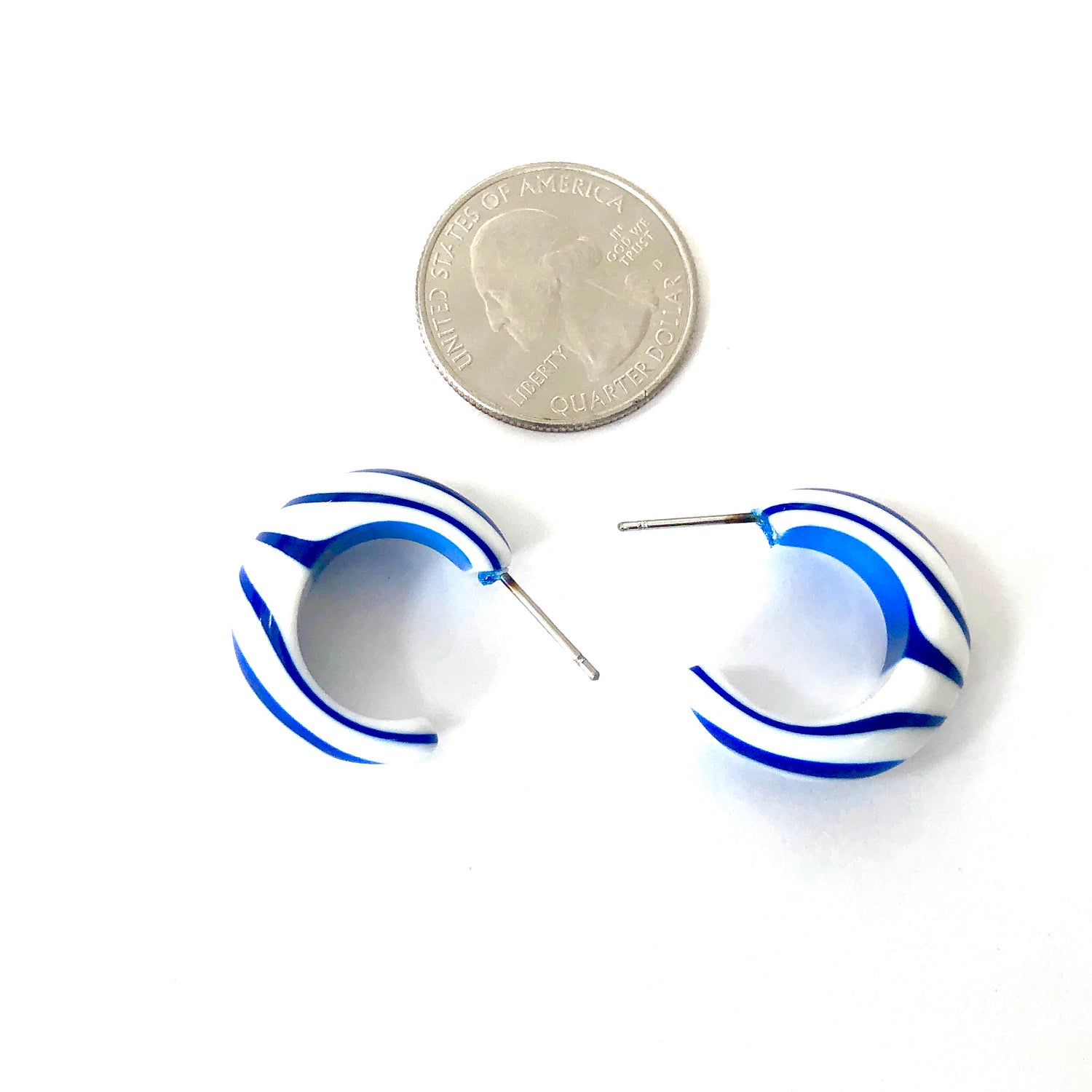 Sapphire Blue and White Stripe Bulb Agate Hoop Earrings