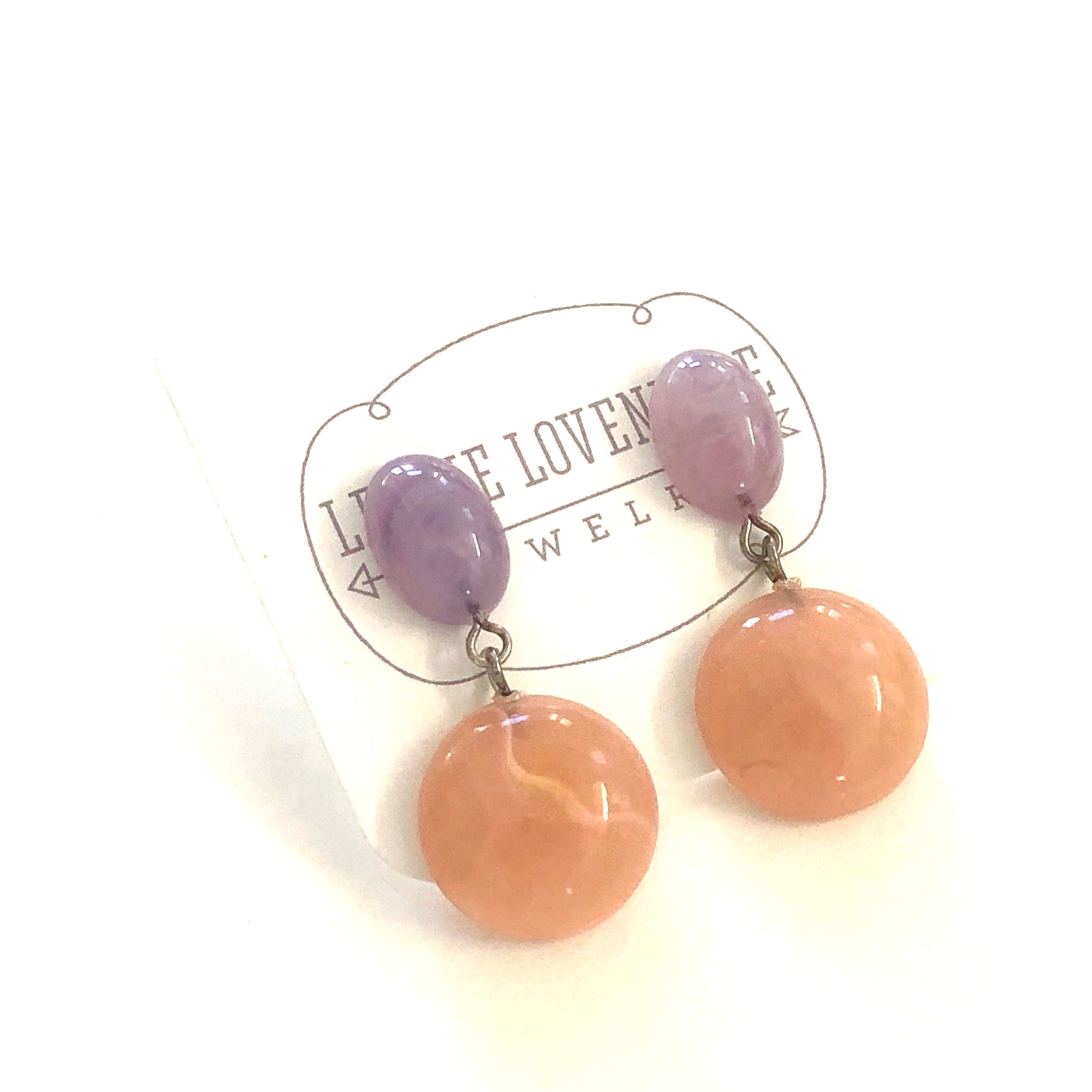 Lilac Purple &amp; Peach Marbled Geo Drop Earrings