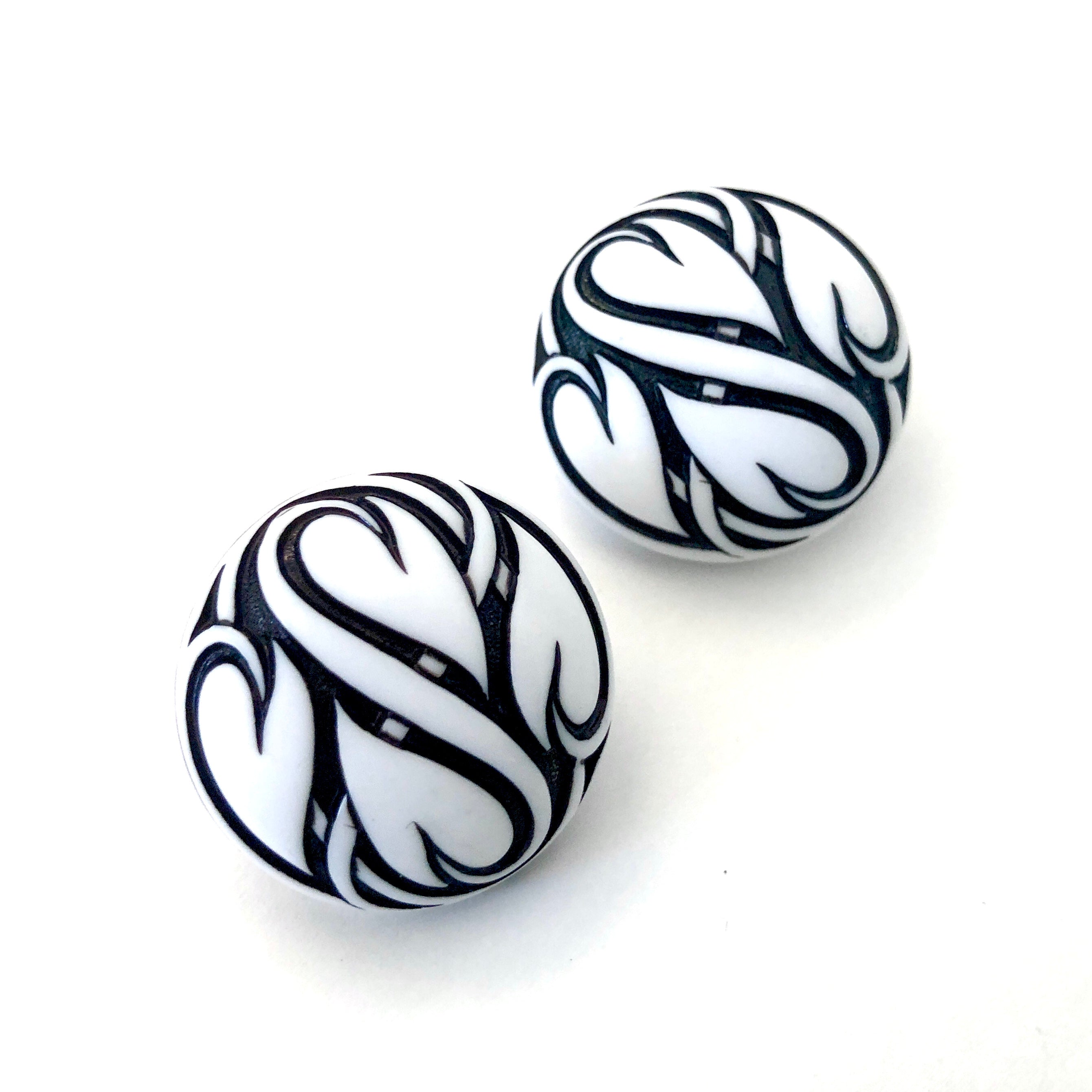 Black &amp; White Hearts Aflame Retro Button Stud Earrings