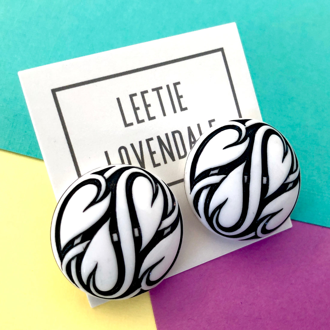 Black &amp; White Hearts Aflame Retro Button Stud Earrings