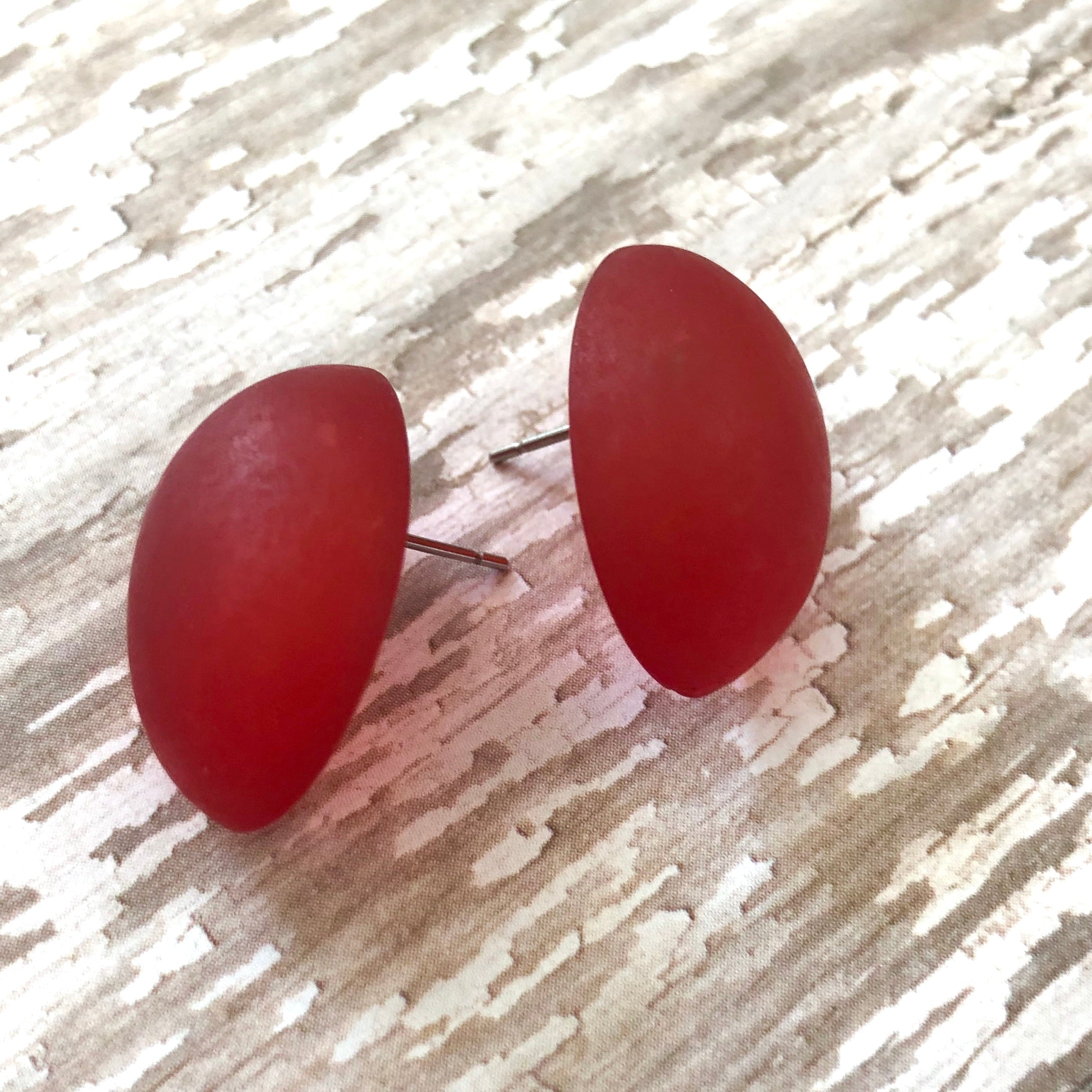 Cherry Red Frosted Oval Retro Button Stud Earrings