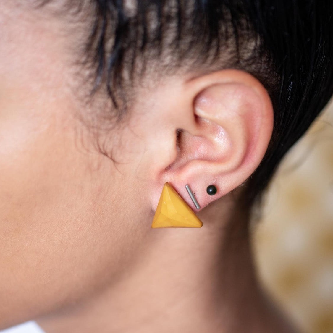 Dark Gold Mustard Faceted Triangle Stud Earrings