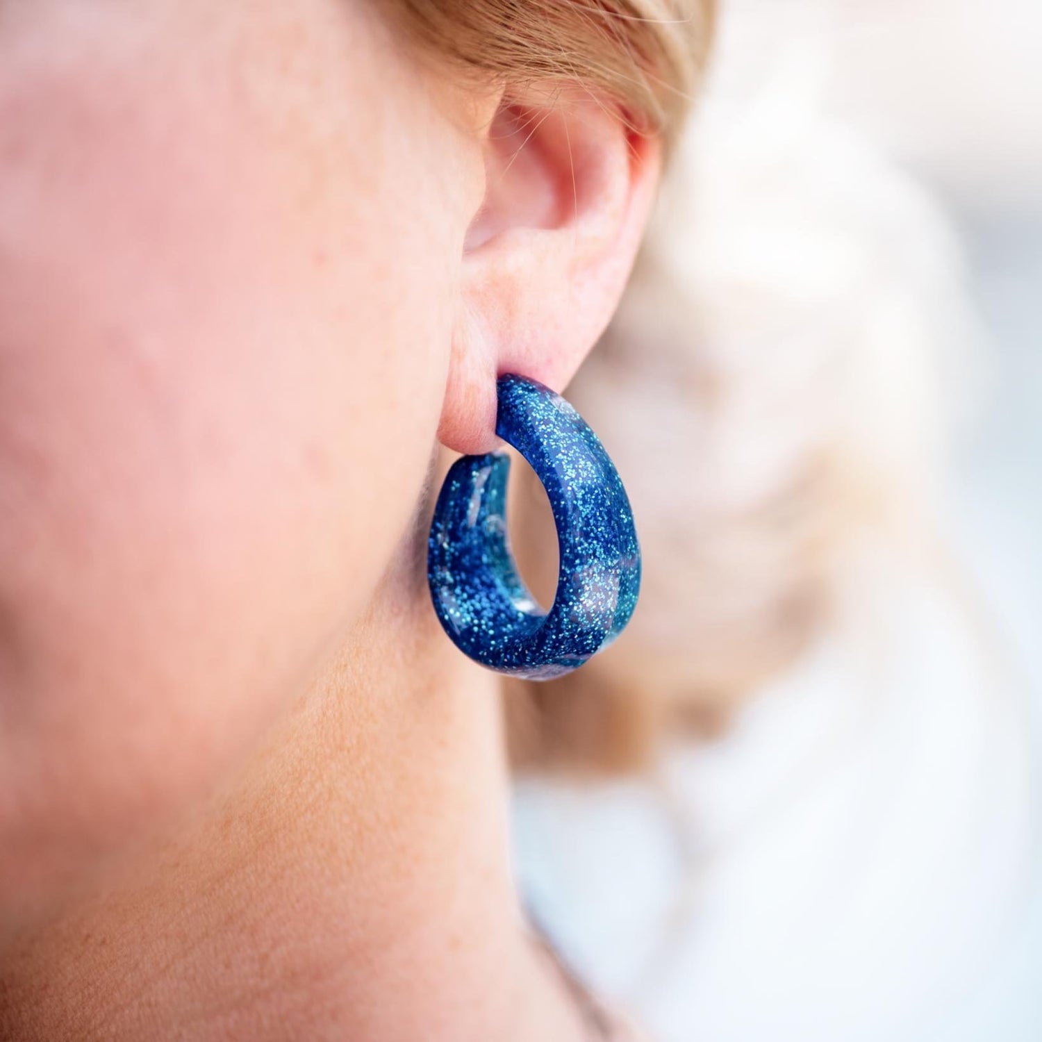 Blue Glitter Vintage Confetti Oval Hoop Earrings
