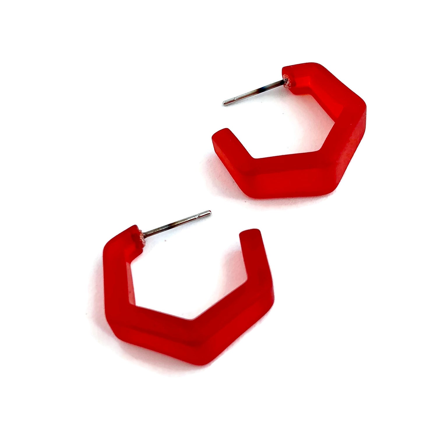 bright red faceted hoops
