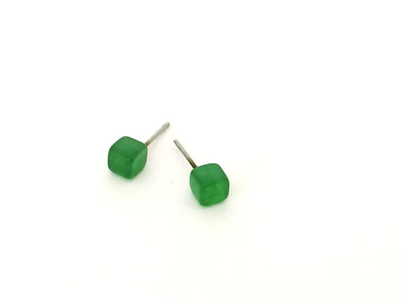 Jade Green Tiny Square Stud Earrings