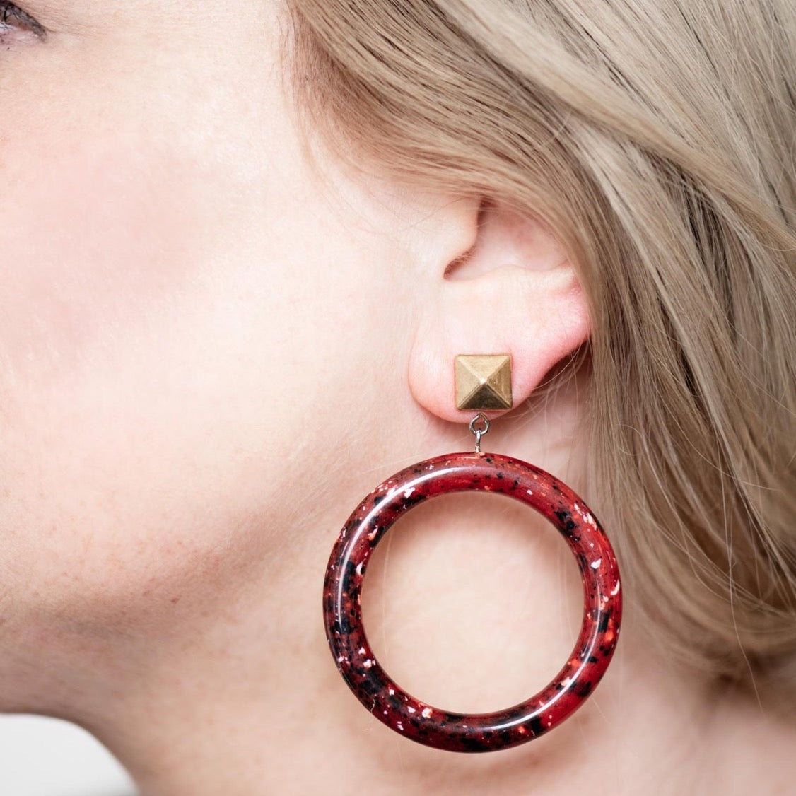 Rusty Red Speckled with Brass Nailhead Donut Drop Earrings