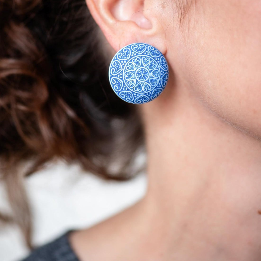 blue heart button earrings