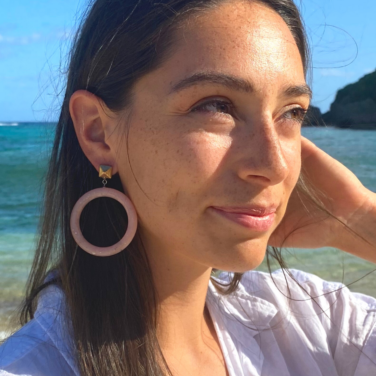 White Speckled with Brass Nailhead Donut Drop Earrings