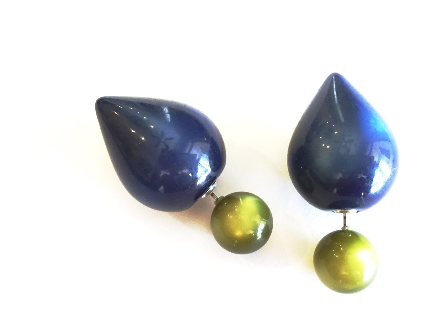Olive Green &amp; Dark Blue Moonglow 2 Sided Stud Earrings
