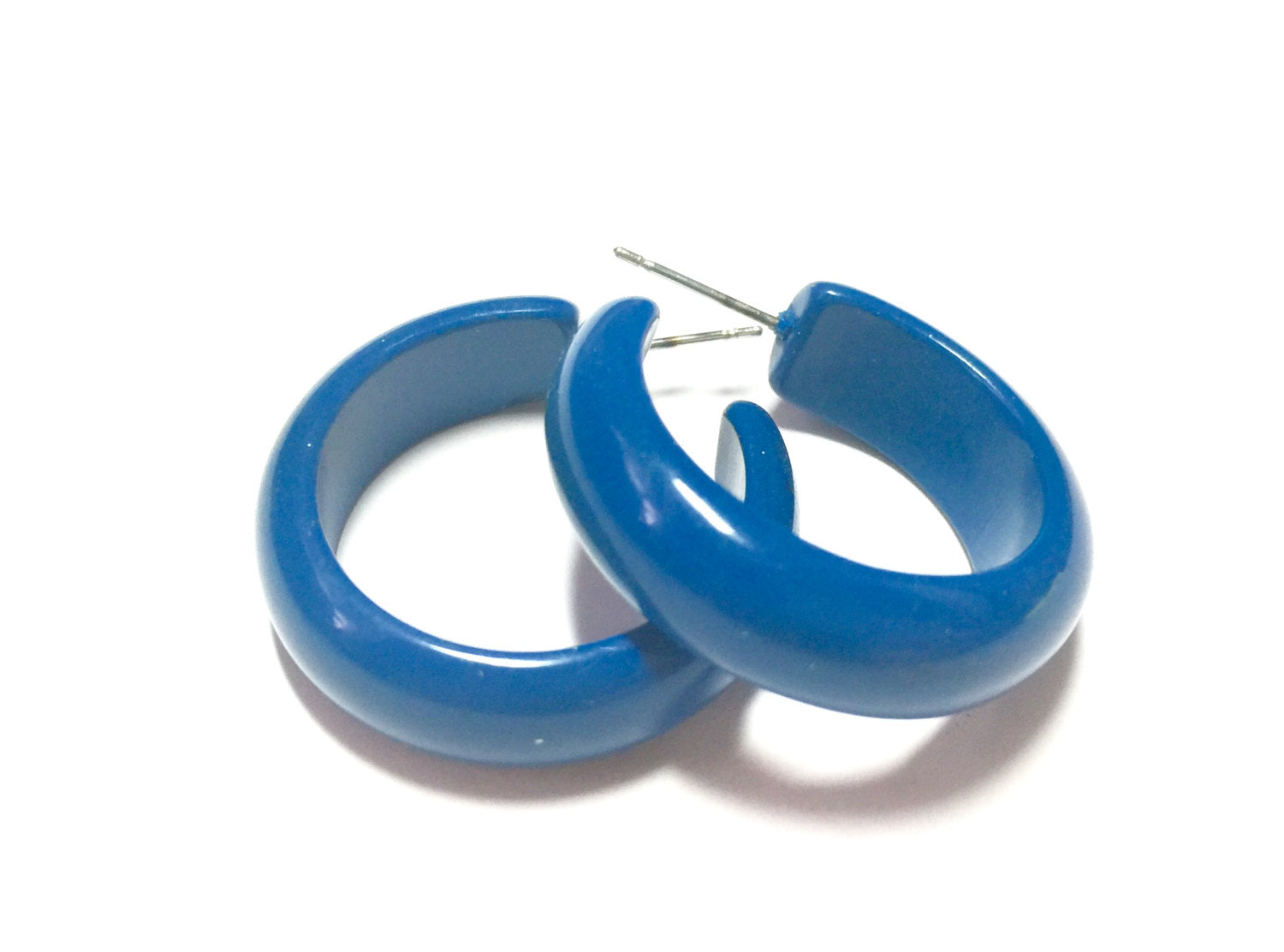 Deep Aqua Blue Vintage Lucite Simple Hoop Earrings