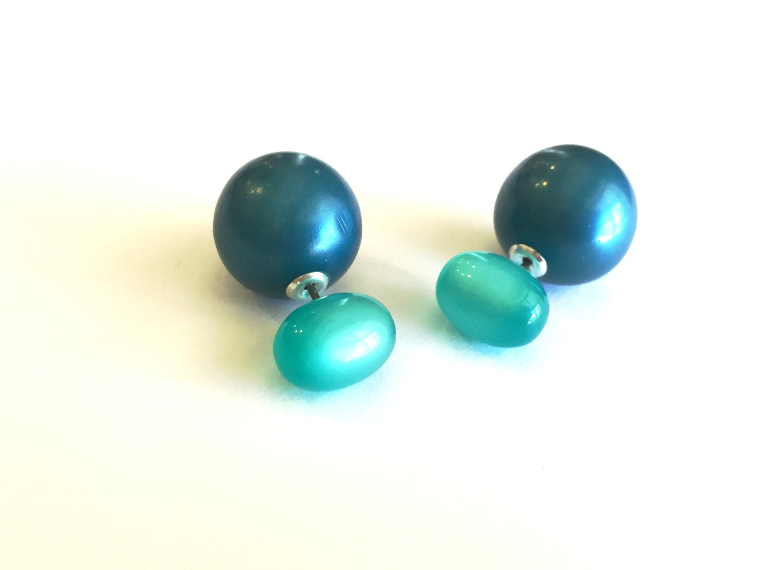 Aqua and Blue Pearl Moonglow 2 Sided Double Stud Earrings