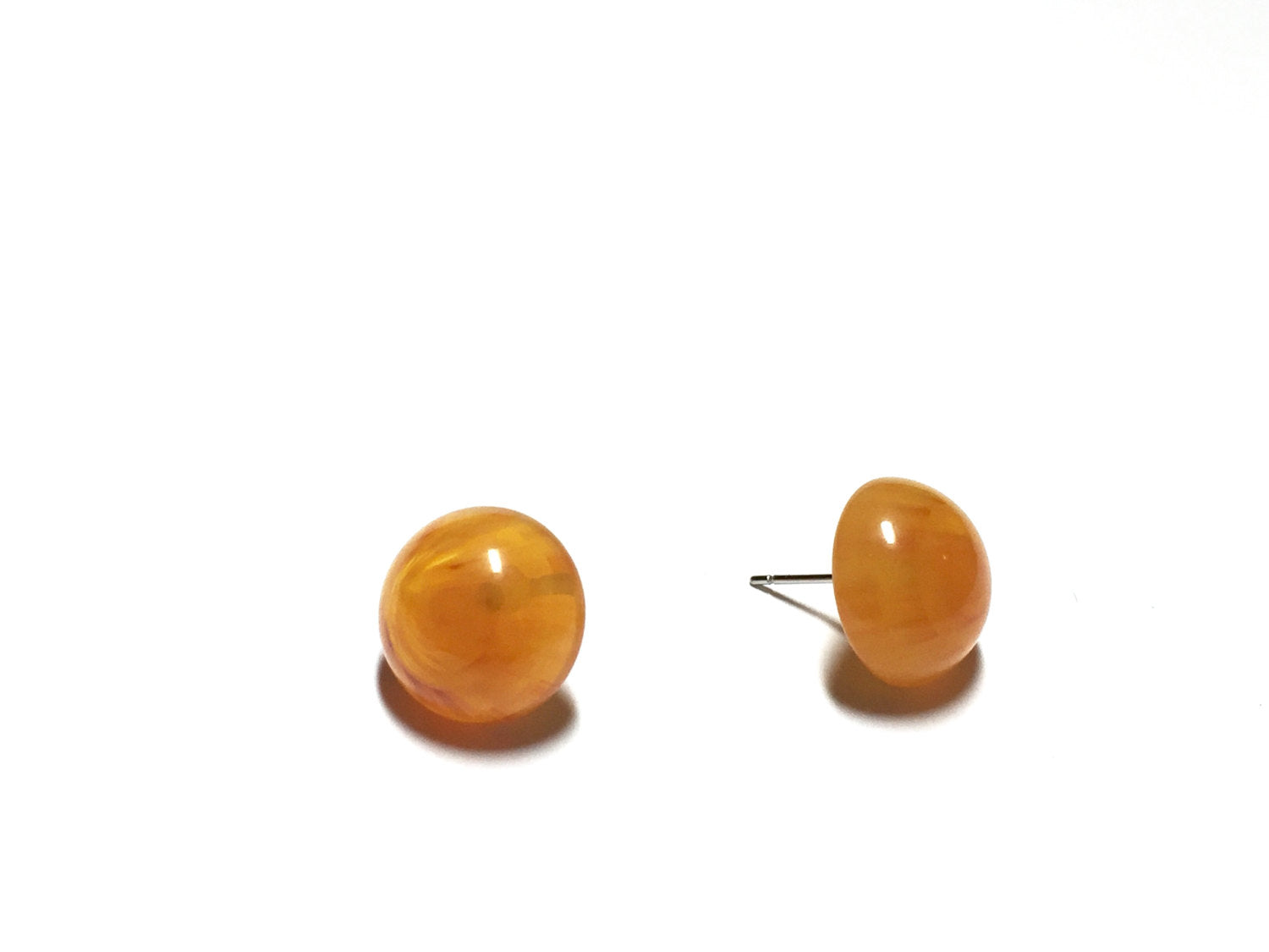 Amber Yellow Marbled Lucite Retro Button Stud Earrings