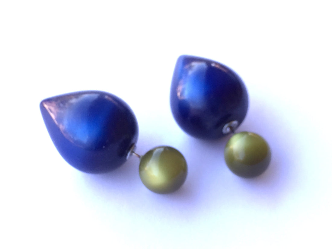 Olive Green &amp; Dark Blue Moonglow 2 Sided Stud Earrings