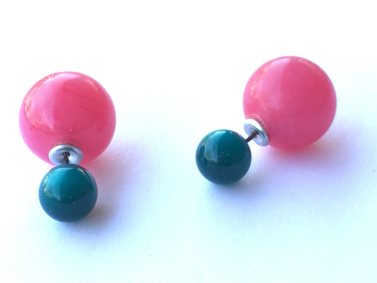 Deep Teal Green with Fuchsia Pink 2 Sided Stud Earrings