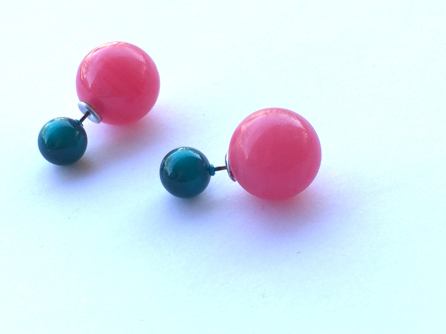 Deep Teal Green with Fuchsia Pink 2 Sided Stud Earrings