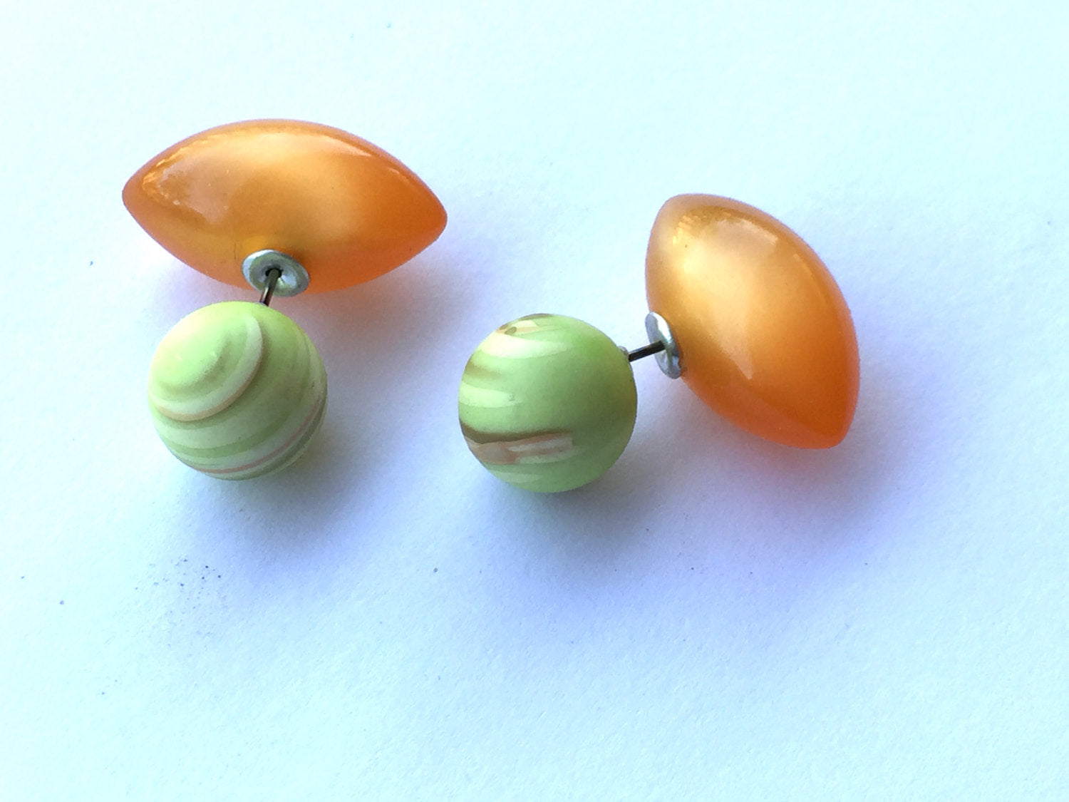 Lime Green Striped Studs &amp; Apricot Moonglow 2 Sided Stud Earrings