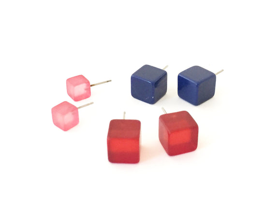 Cranberry Pink Mini Frosted Cube Stud Earrings