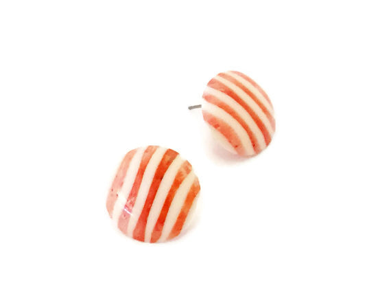 Pink &amp; Cream Pin Stripe Lucite Disc Stud Earrings