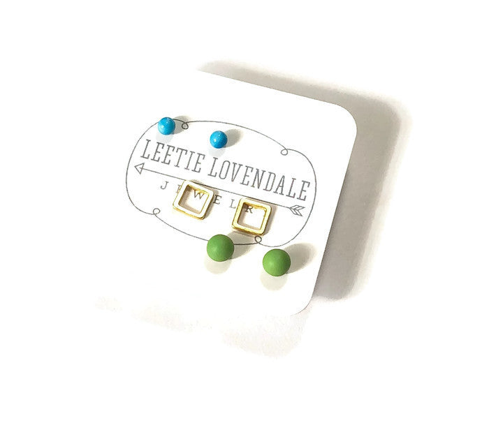 Turquoise Frosted Gold Squares &amp; Lime Green Tiny Geo Stud Earrings Set